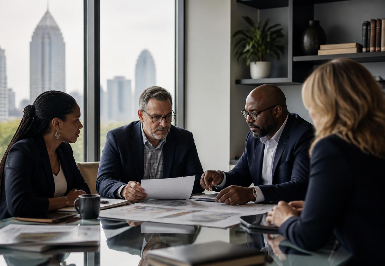 Stock photograph of a professional cybersecurity advisory meeting in a modern office; the individuals shown are models, not STC staff or clients